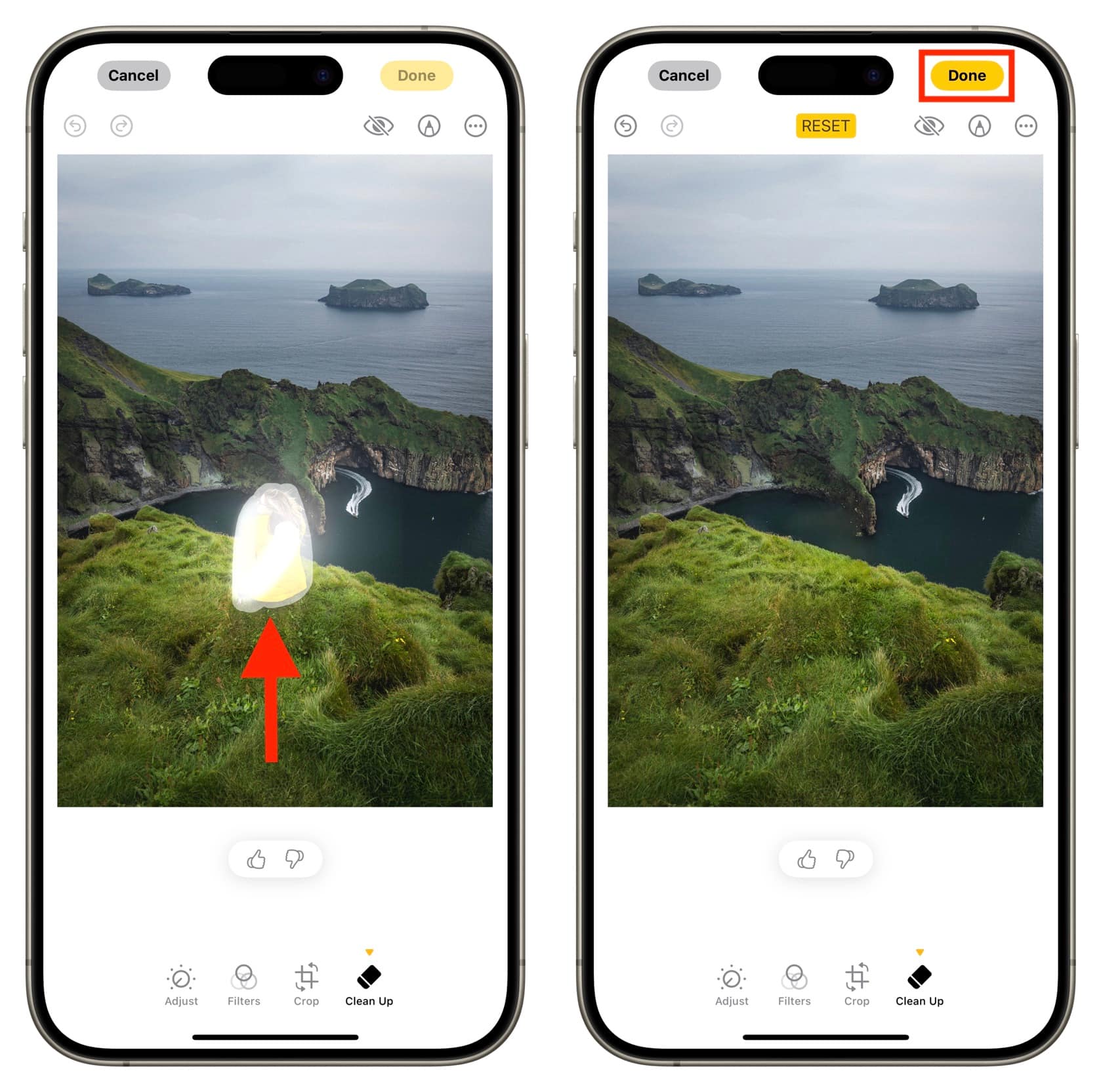 Mit dem Apple Intelligence Clean Up-Tool auf dem iPhone aus einem Foto entferntes Objekt