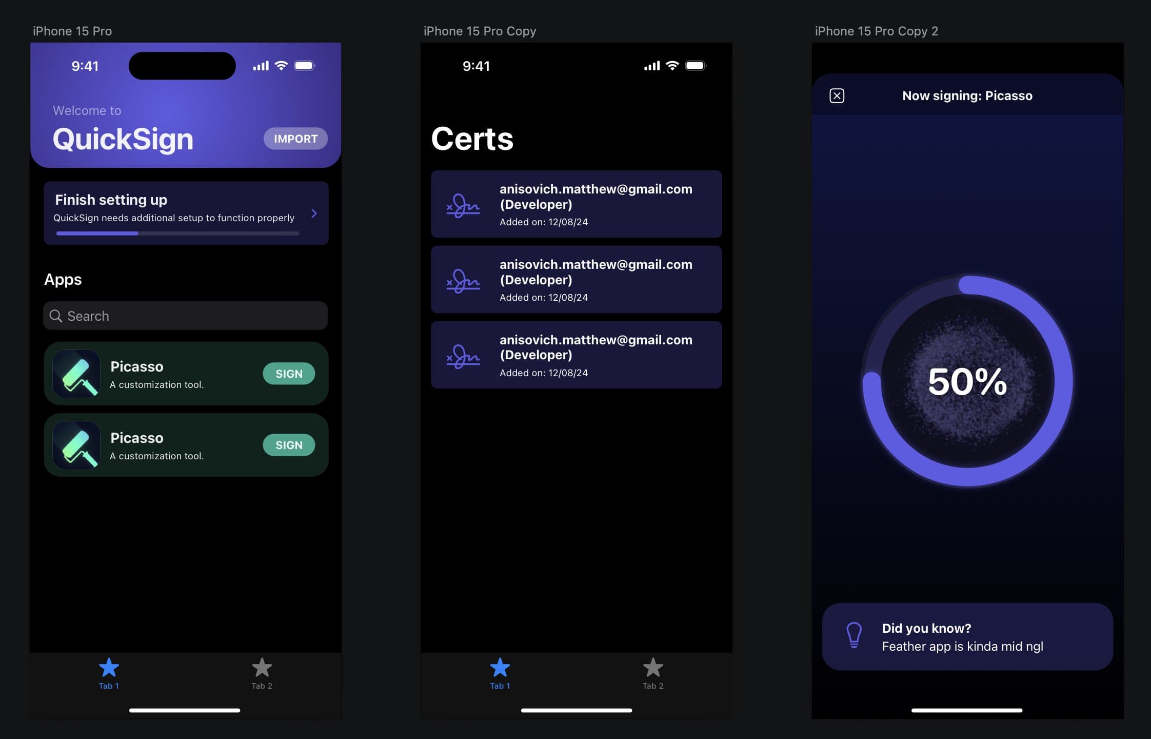 Screenshots der QuickSign-App.