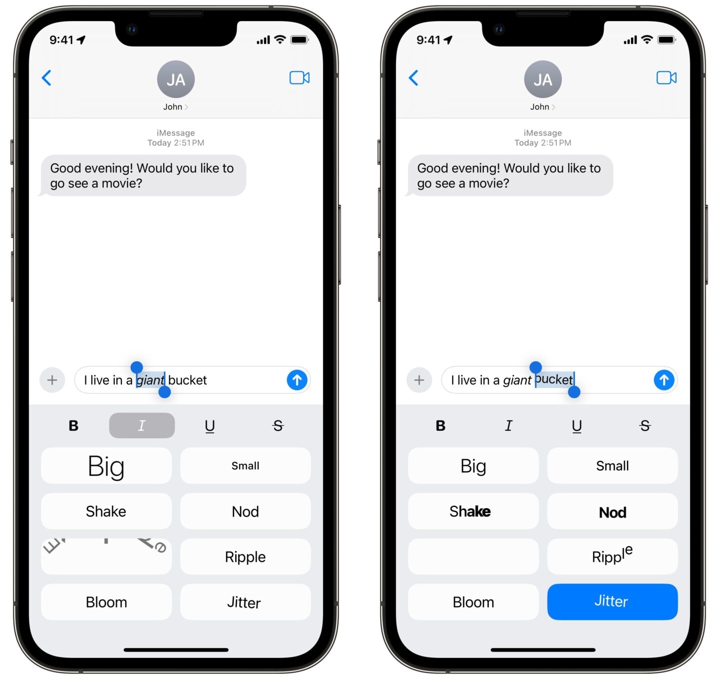 Rich-Text-Formatierung Mit der Rich-Text-Formatierung in der Nachrichten-App in iOS 18 können Sie Texteffekte wie „Groß“, „Klein“, „Schütteln“, „Nick“, „Kräuseln“, „Aufblühen“ und „Zittern“ anwenden.
