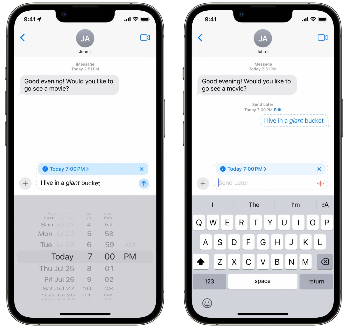 Sende später Planen einer Nachricht zum späteren Senden in der Nachrichten-App in iOS 18