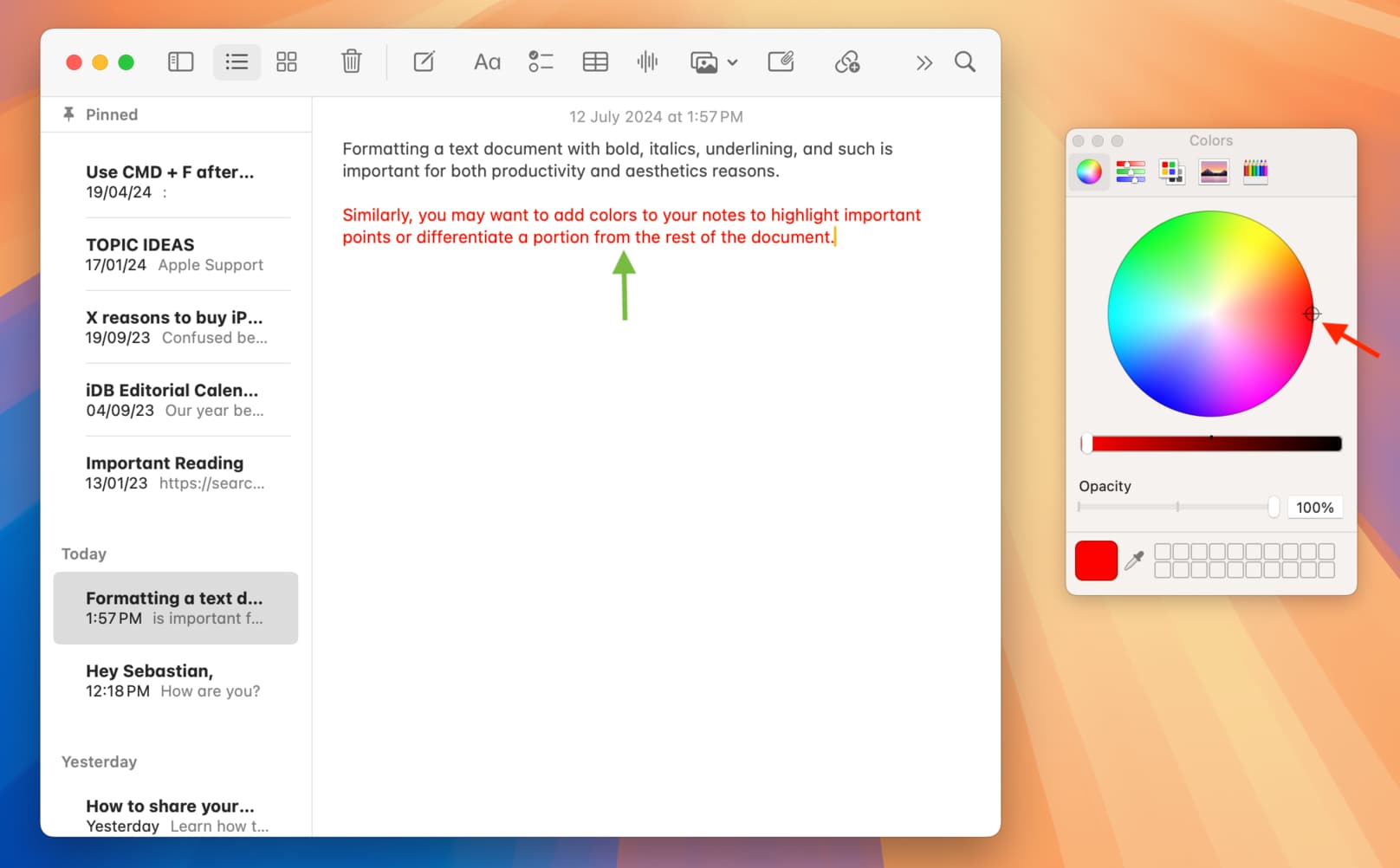 Hinzufügen von Farbe zum Text in der Apple Notes-App auf dem Mac