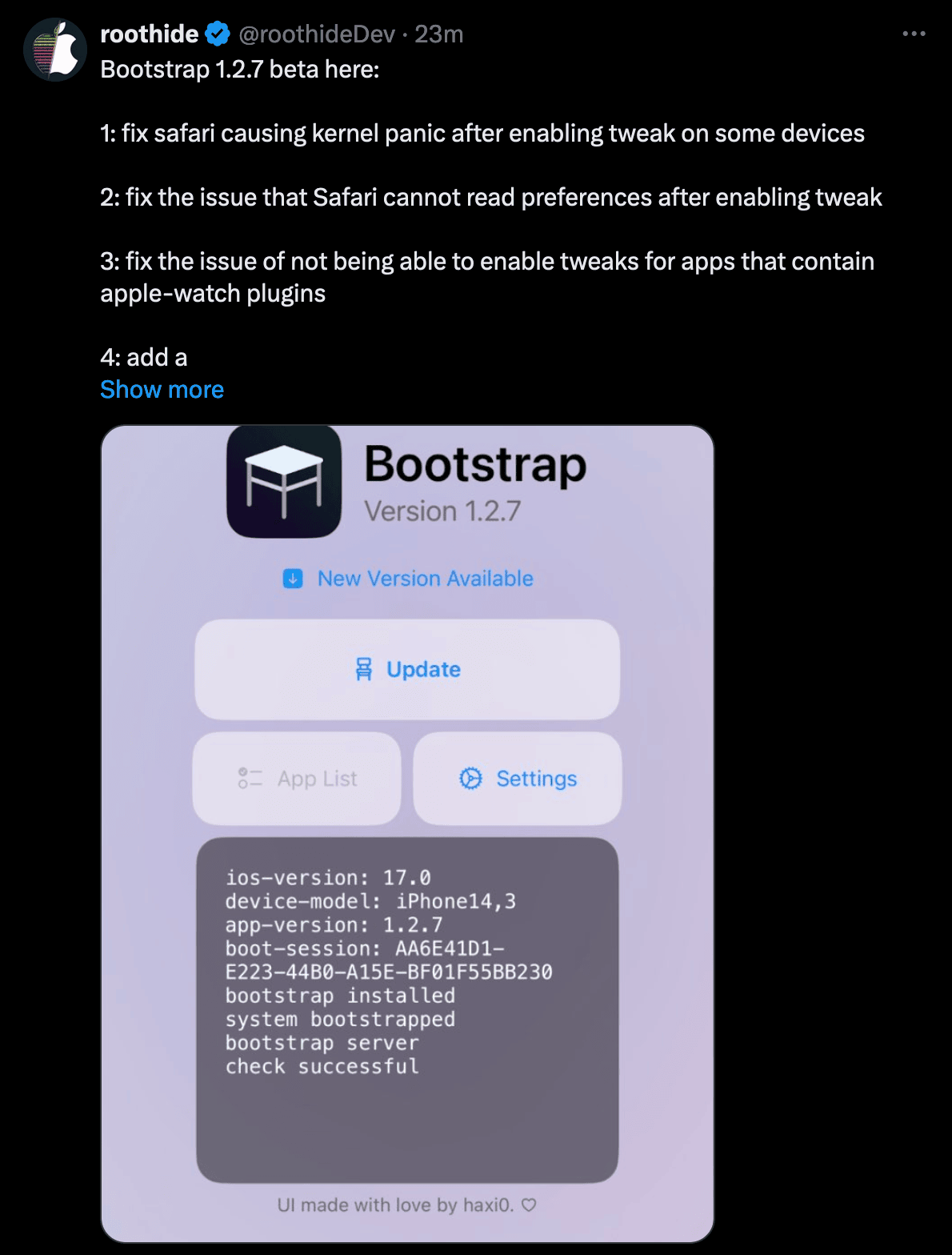 RootHide Bootstrap v1.2.7 Beta veröffentlicht.