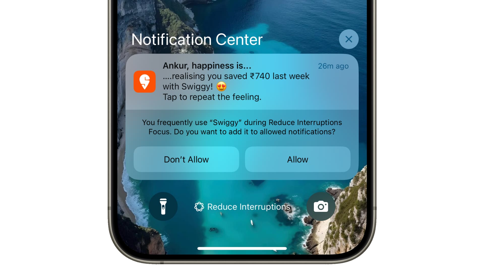Vorschlag, Benachrichtigungen von einer App zuzulassen, die während des Fokus „Unterbrechungen reduzieren“ häufig verwendet wird