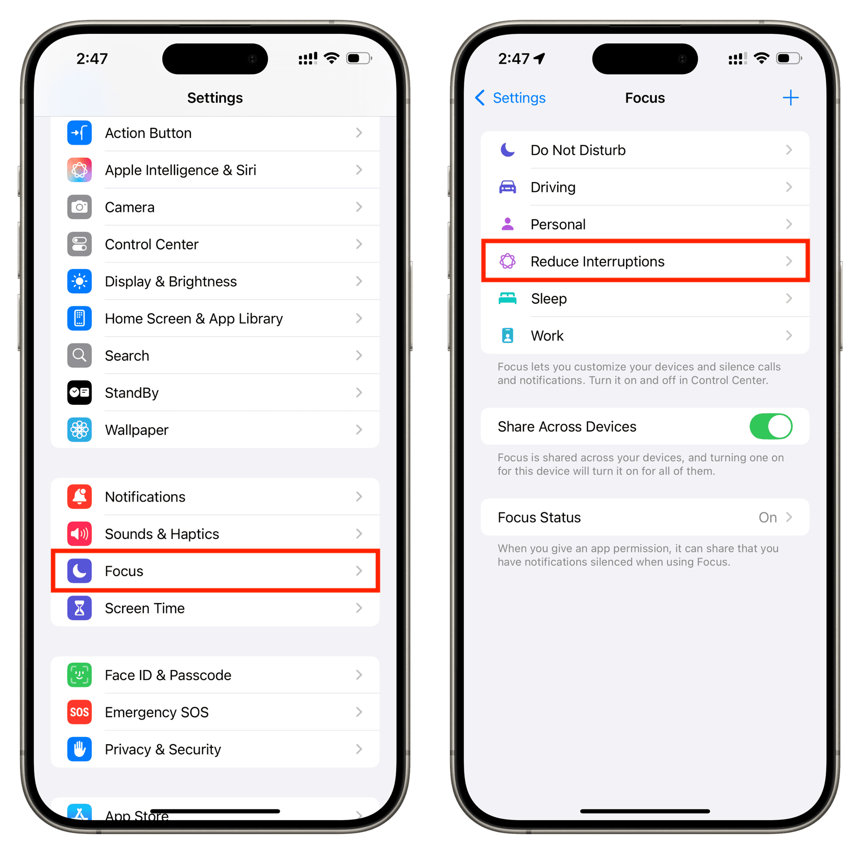 Tippen Sie in den iPhone-Einstellungen auf „Fokus“ und wählen Sie „Unterbrechungen reduzieren“