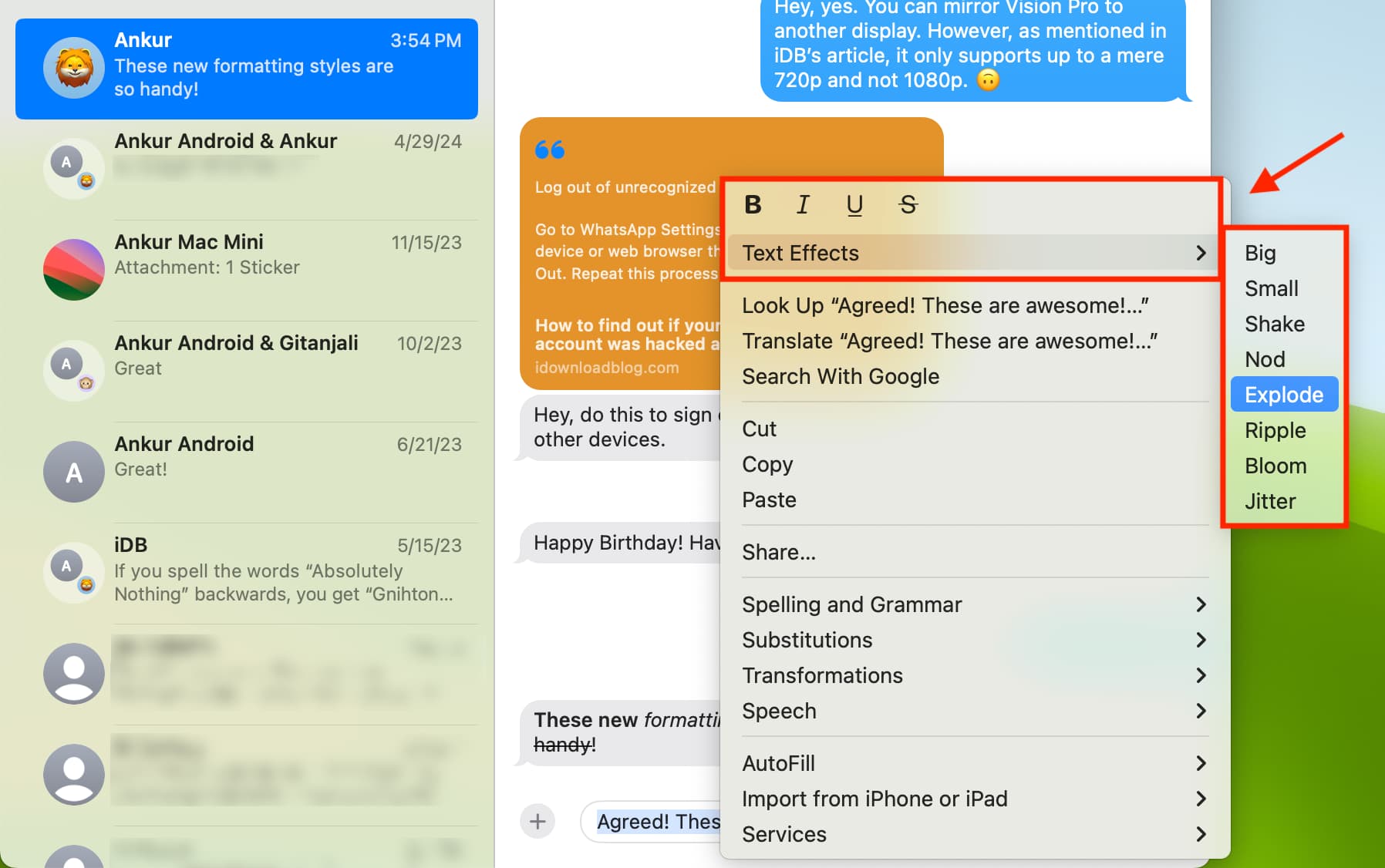 Texteffekte mit Strg-Klick in der Mac-Nachrichten-App