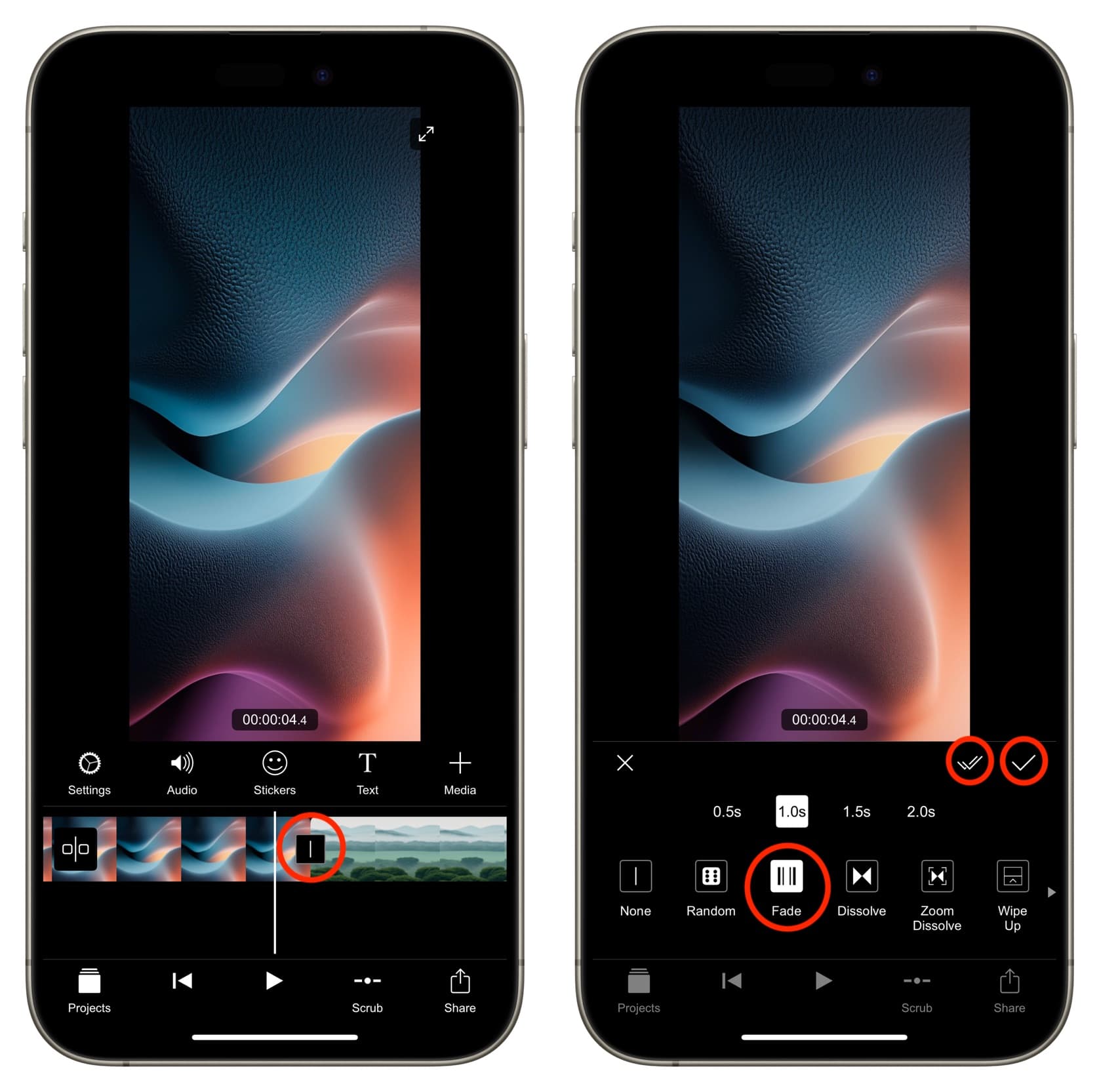 Fügen Sie beim Bearbeiten auf dem iPhone einen Übergangseffekt zwischen zwei Fotos hinzu