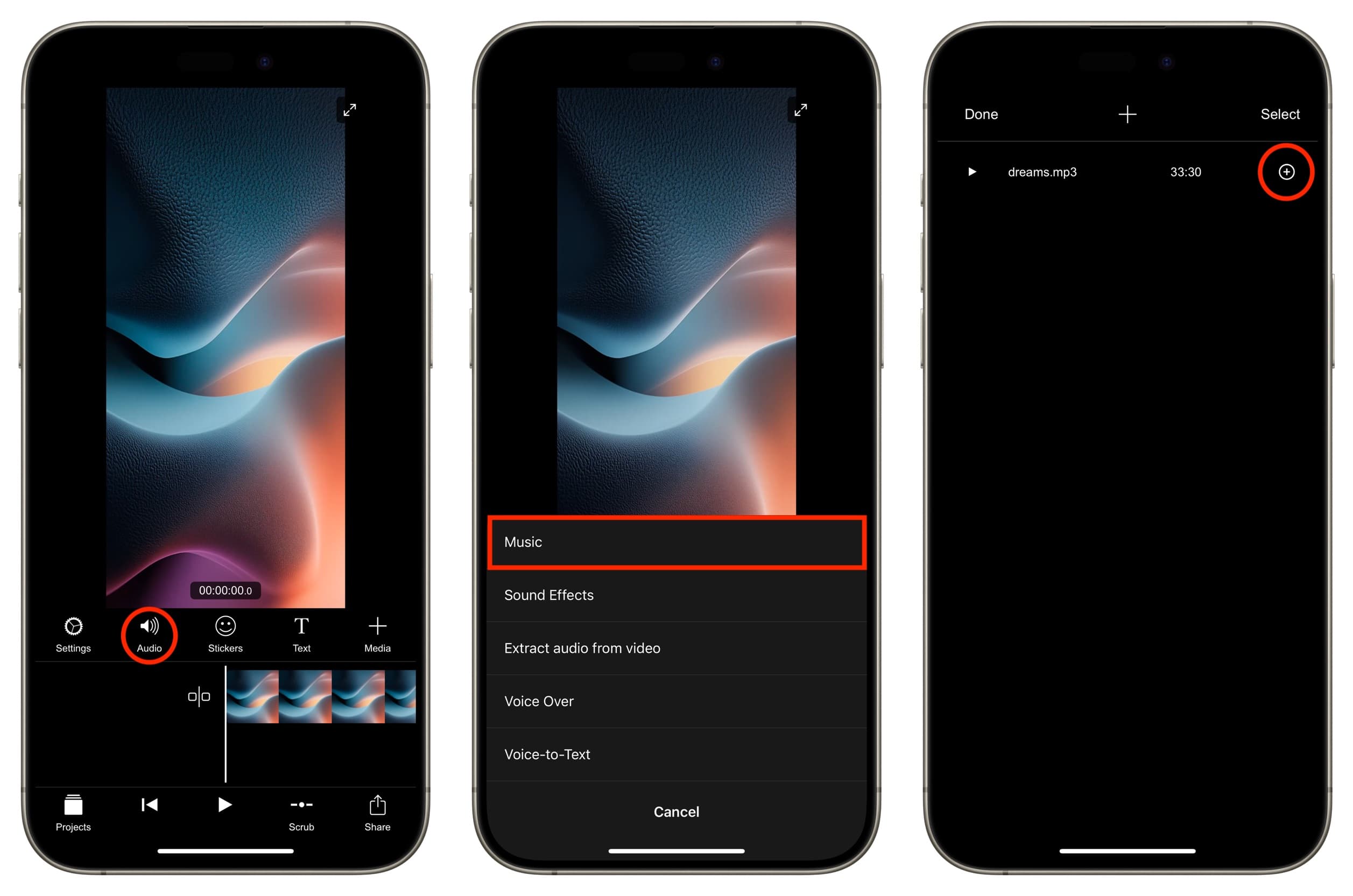 Hinzufügen von Musik zu Fotos mit der Filmmaker Pro-App auf dem iPhone