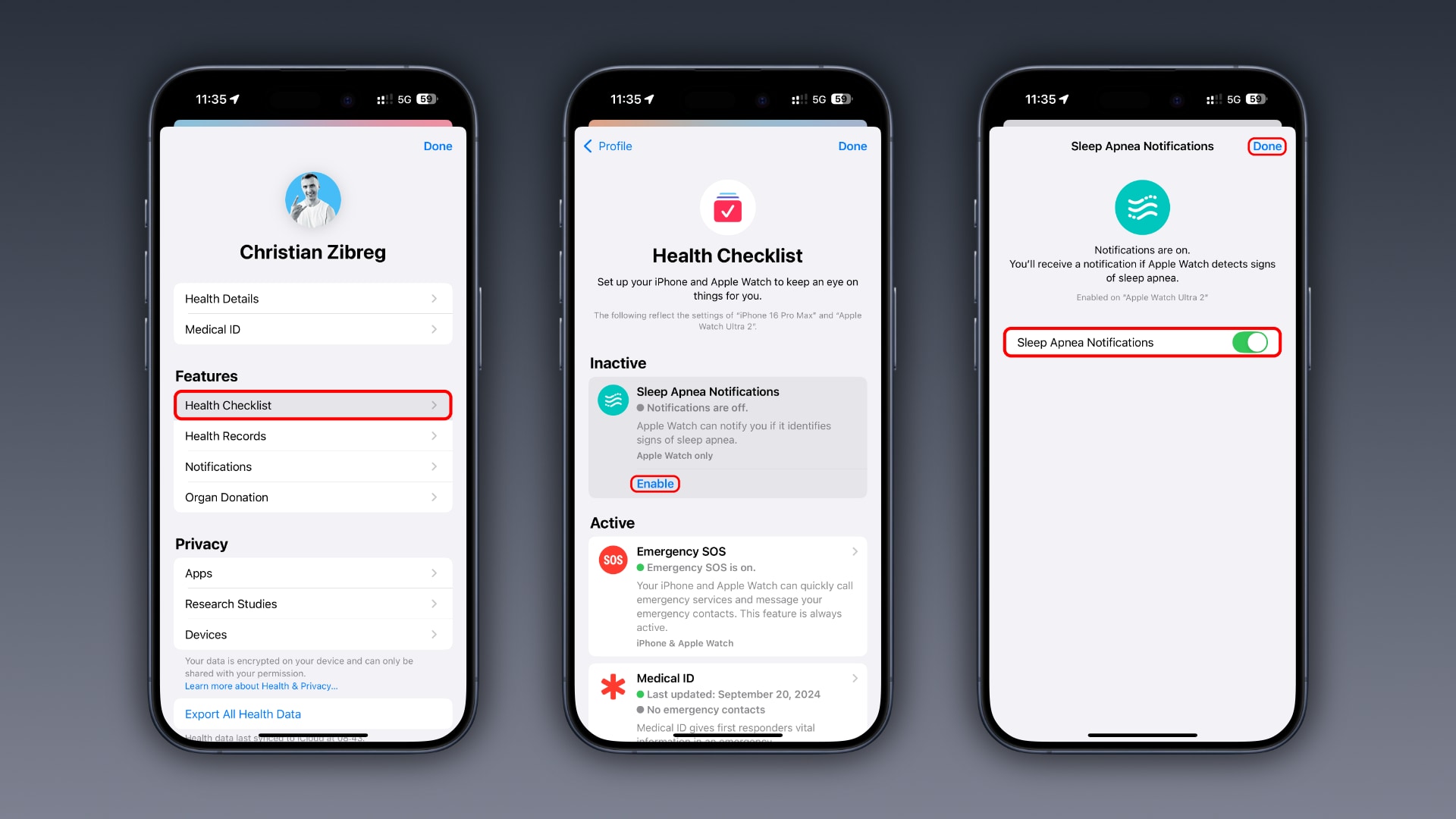 Aktivieren von Schlafapnoe-Benachrichtigungen in der Health-App des iPhones.