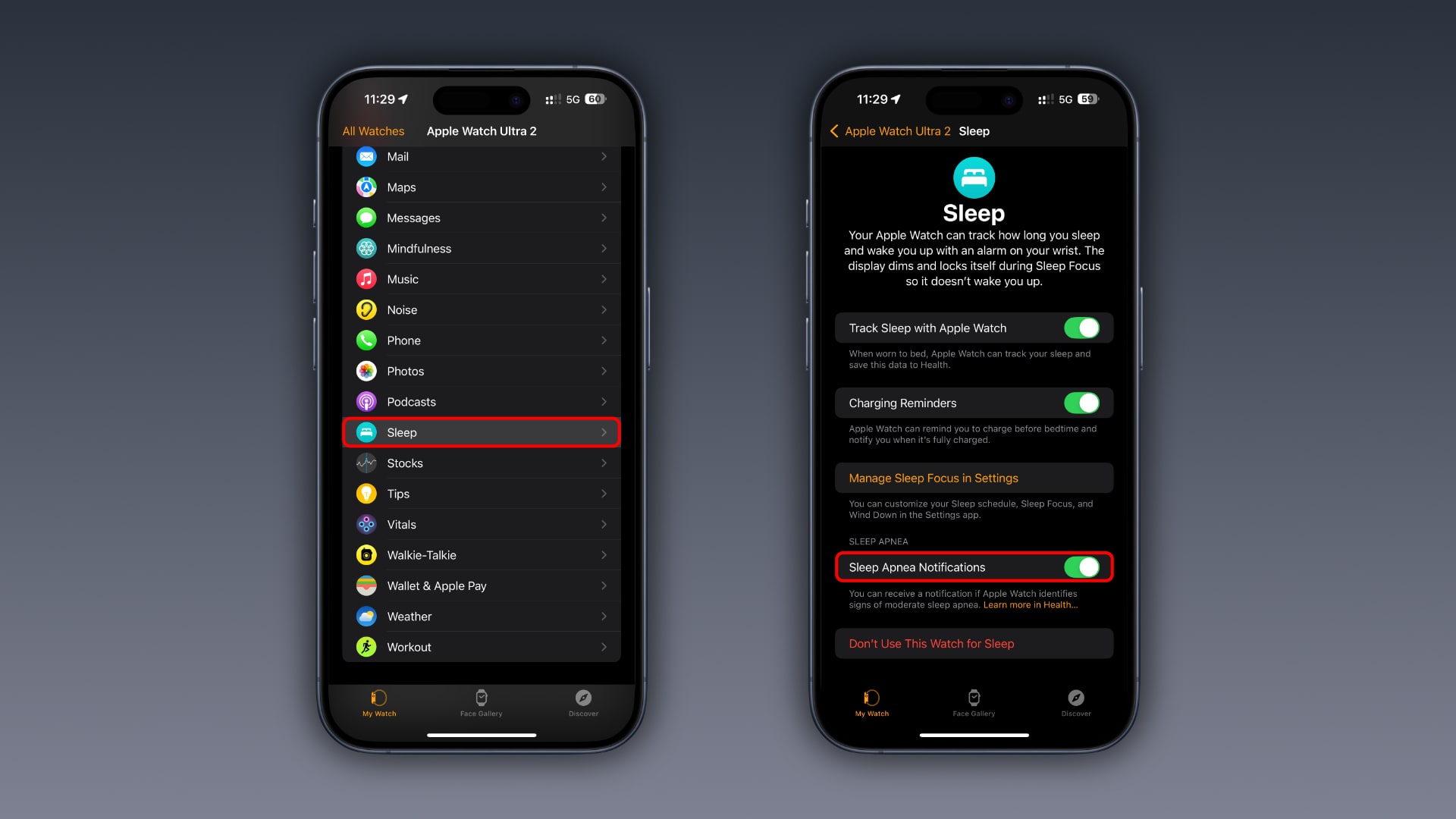 Aktivieren von Schlafapnoe-Benachrichtigungen in der Watch-App des iPhones.
