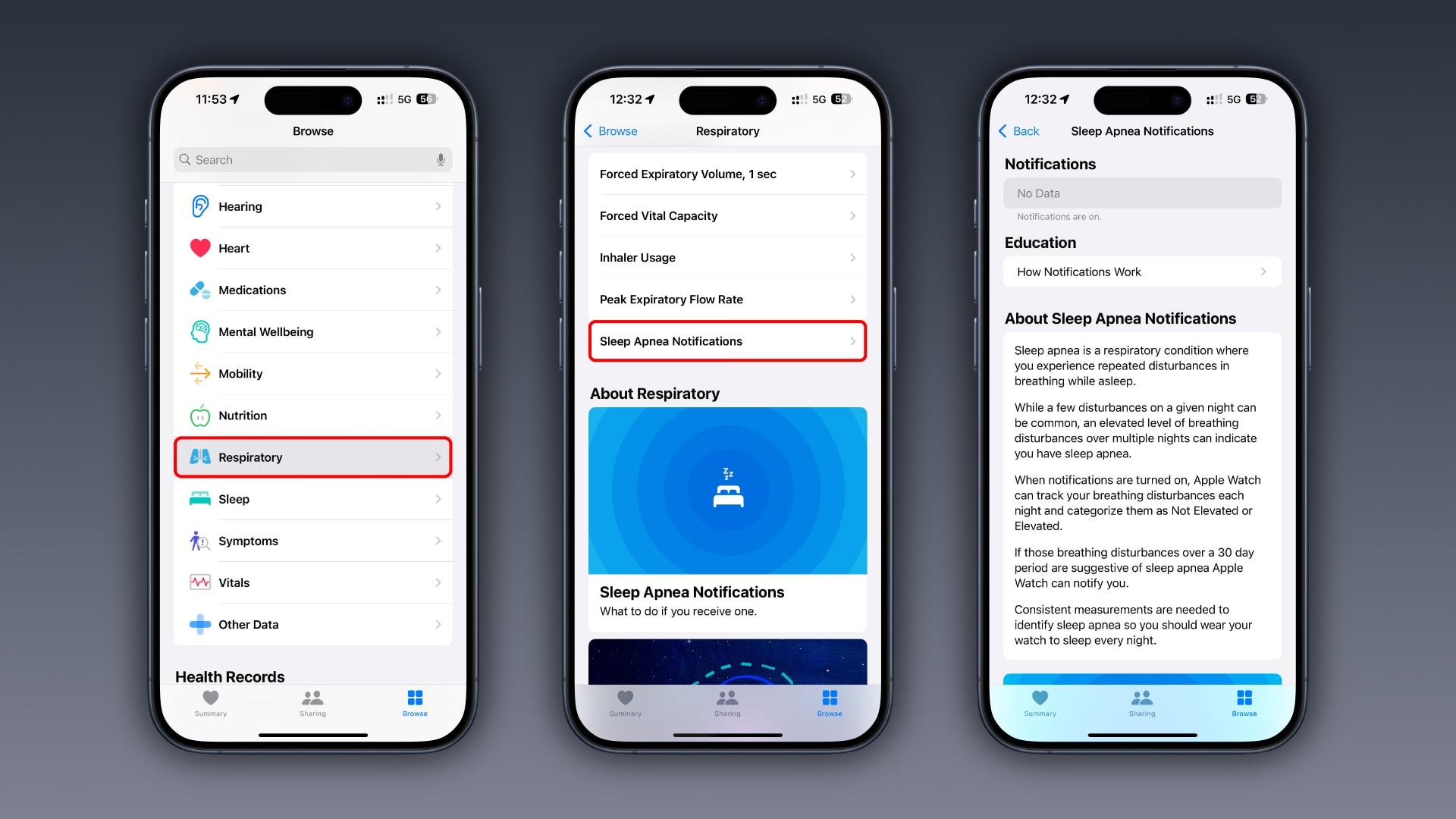 Anzeigen von Schlafapnoe-Benachrichtigungen in der Health-App des iPhones.