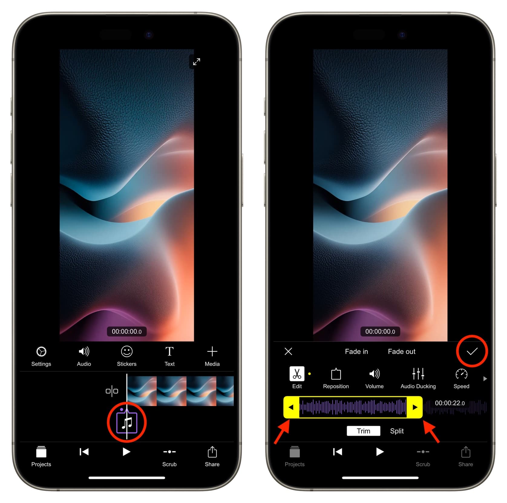 Bearbeiten Sie Musik, die der Filmmaker Pro-App auf dem iPhone hinzugefügt wurde