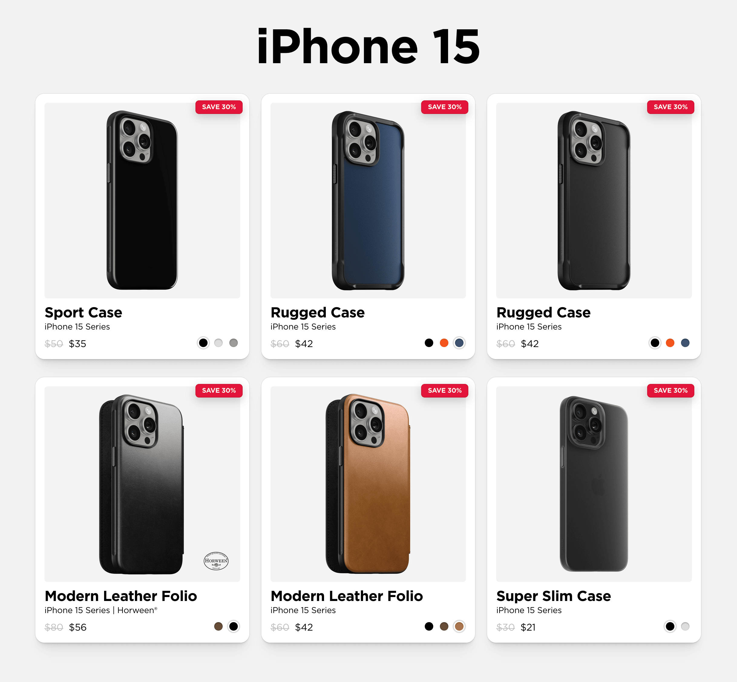 Nomad iPhone 15 Series Hüllenüberbestände im Ausverkauf.
