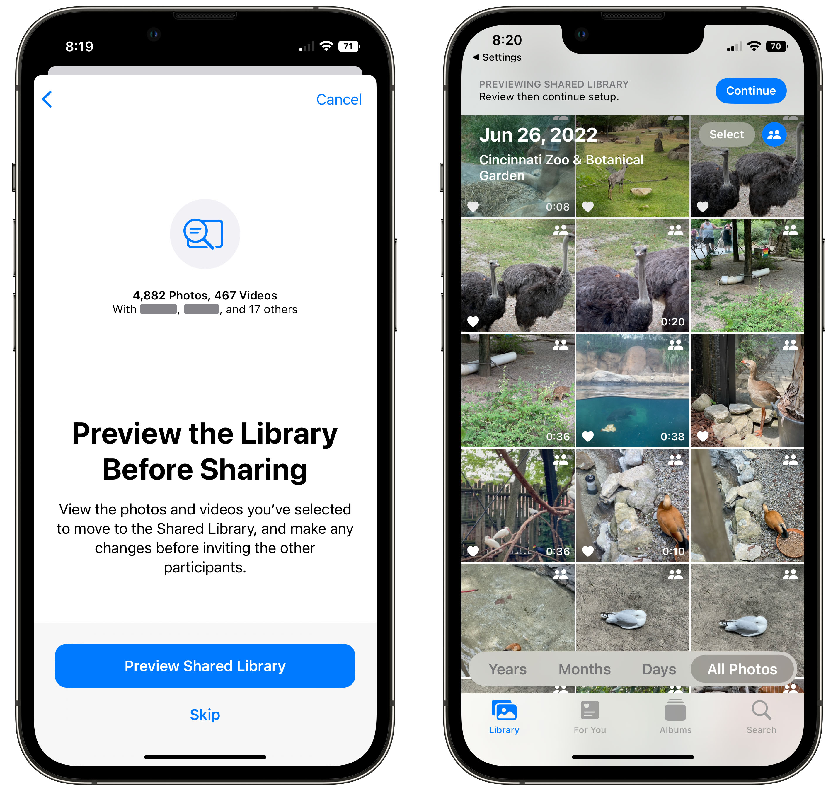Vorschau der gemeinsam genutzten Bibliothek Überprüfen Sie noch einmal, ob in der freigegebenen iCloud-Fotobibliothek die richtigen Bilder vorhanden sind.