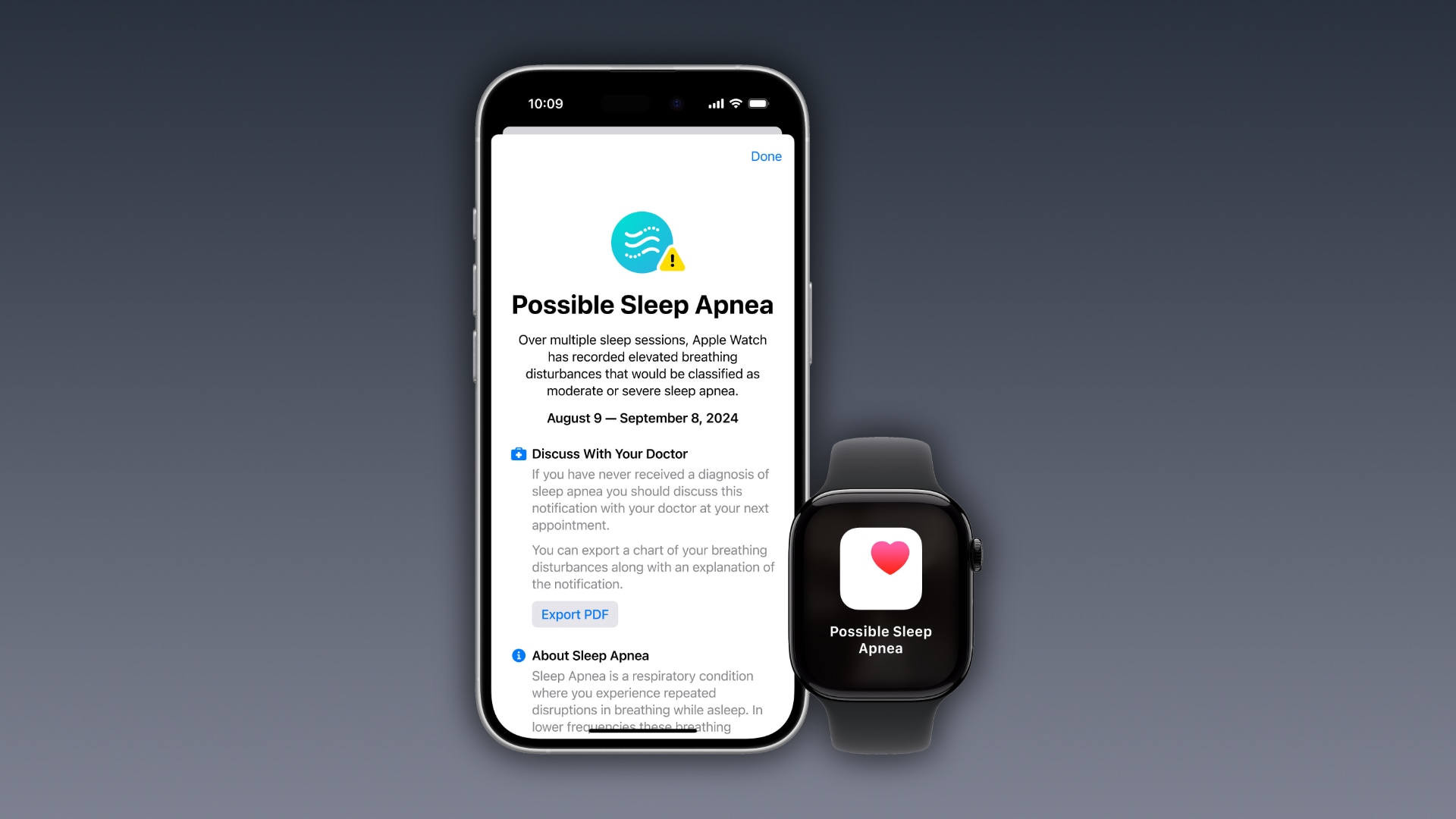 iPhone und Apple Watch zeigen die Schlafapnoe-Benachrichtigung.