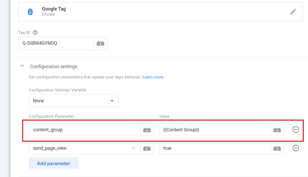 Einrichten einer benutzerdefinierten Inhaltsgruppenvariable in der Tag-Konfiguration