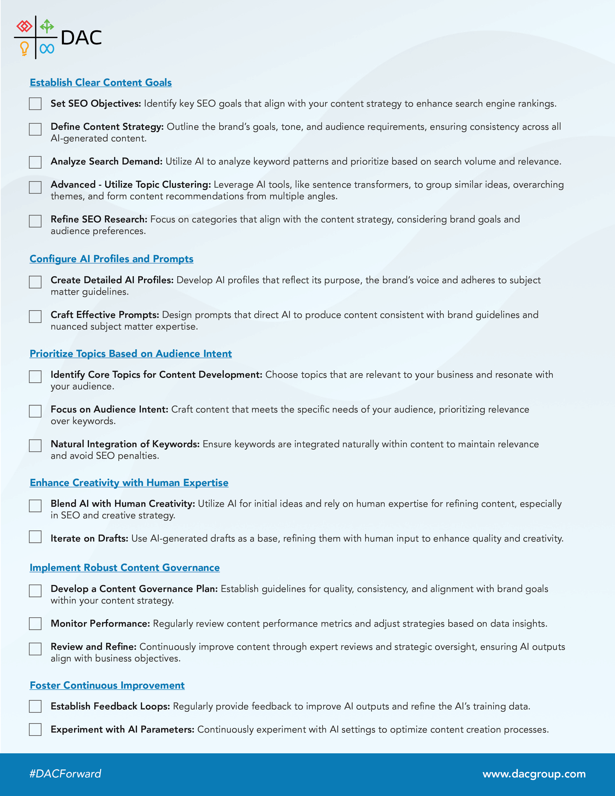 Eine Schritt-für-Schritt-Checkliste zur Integration von KI in SEO-Content-Produktionsprozesse.