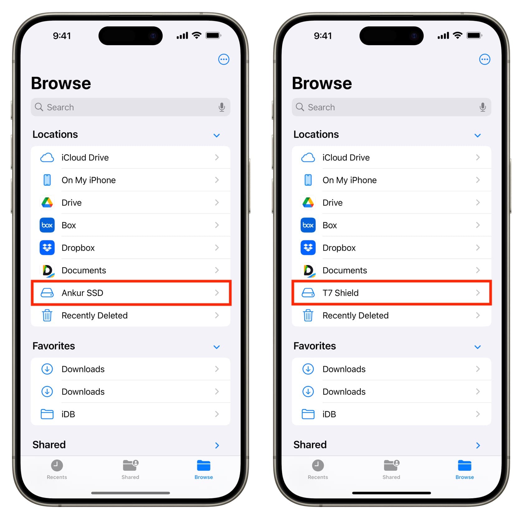 Externe Laufwerke werden in der Dateien-App auf dem iPhone angezeigt