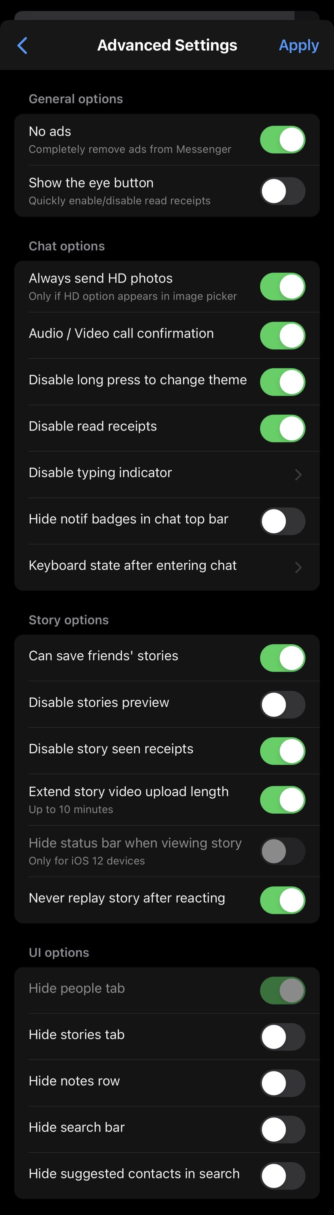 SNMessenger-Einstellungsbereich.