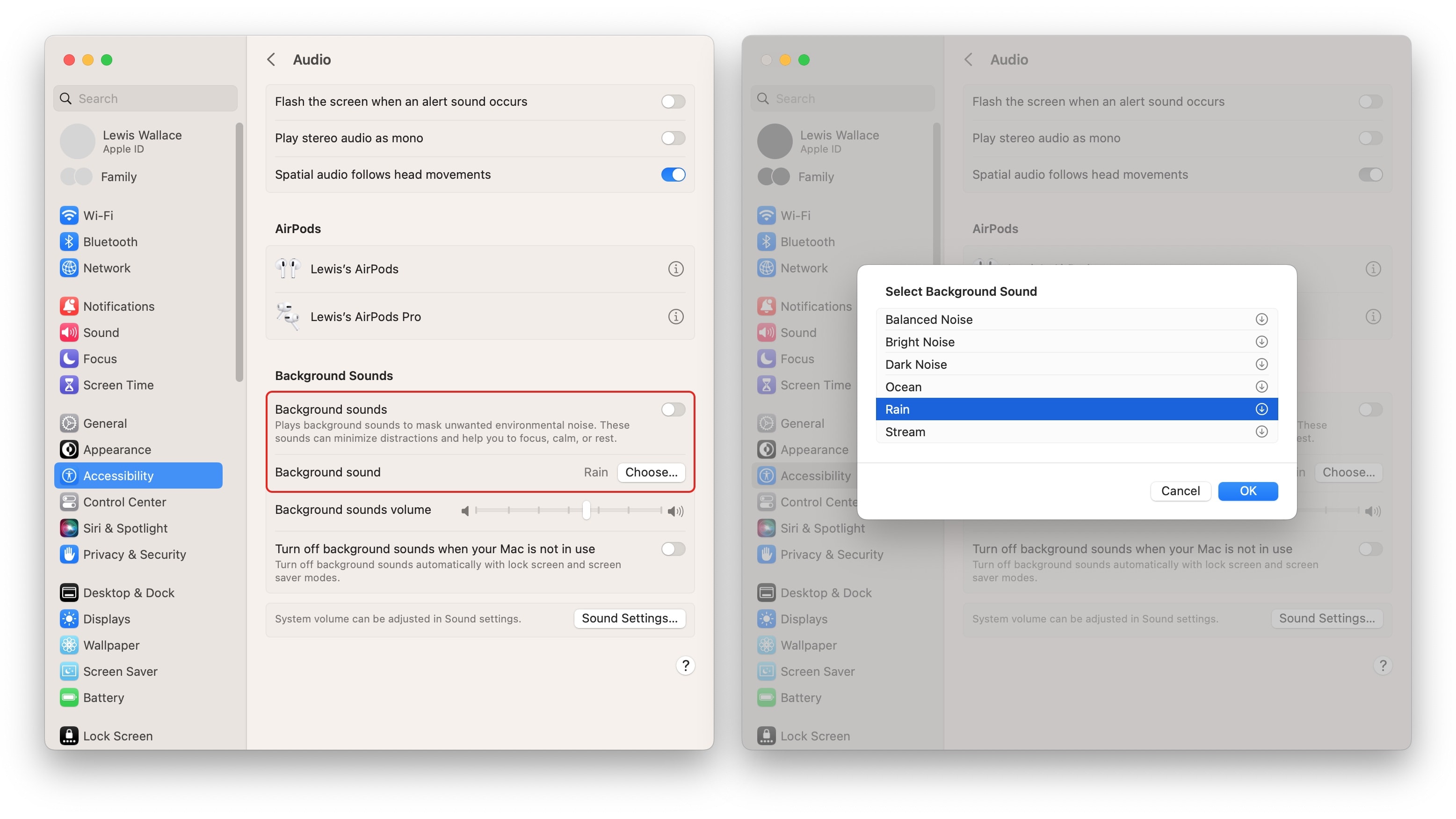 Bedienfeld „Mac-Hintergrundgeräusche“. Hintergrundtöne in den Systemeinstellungen auf dem Mac einschalten.