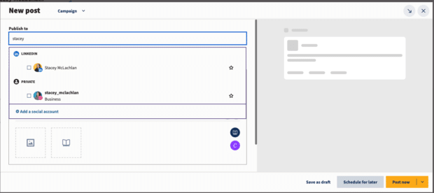 Neuer Beitrag: Wählen Sie unter „Veröffentlichen auf“ die soziale Plattform aus