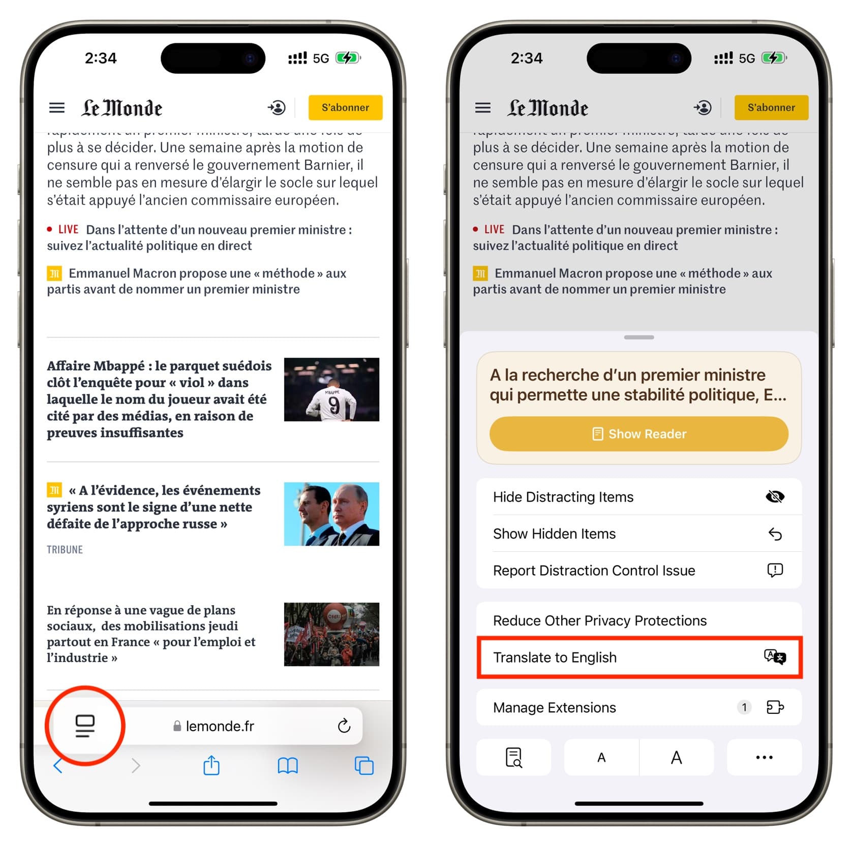 Übersetzen Sie eine Webseite in Safari auf dem iPhone