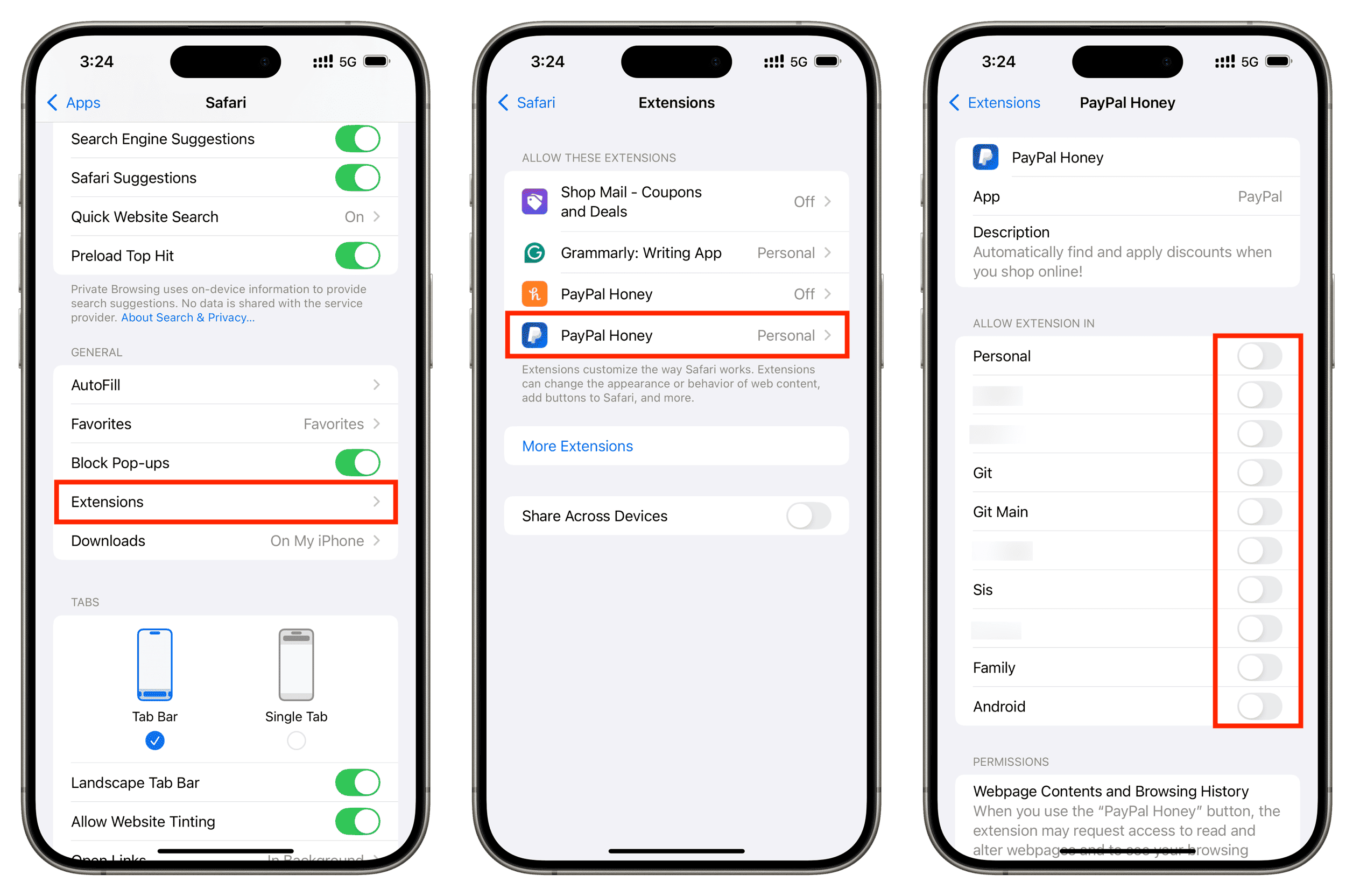 Deaktivieren Sie die PayPal Honey-Erweiterung für Safari auf dem iPhone