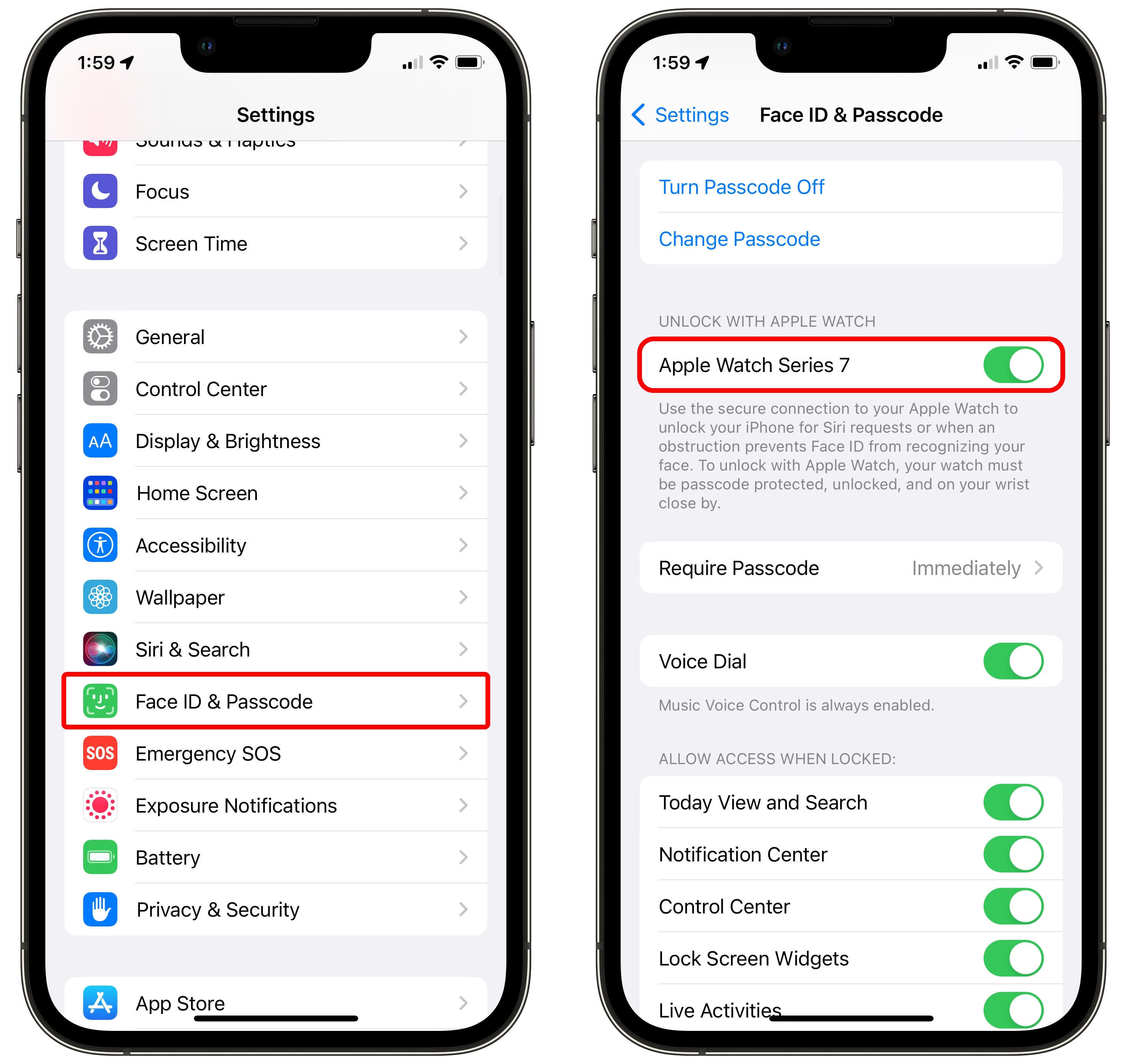 Mit der Apple Watch entsperren Aktivieren Sie „Mit Apple Watch entsperren“ in Ihren Passcode-Einstellungen auf dem iPhone.