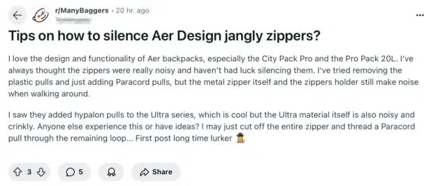 Diskussion über Aer-Rucksäcke mit Reißverschluss im Subreddit „Many Baggers“.
