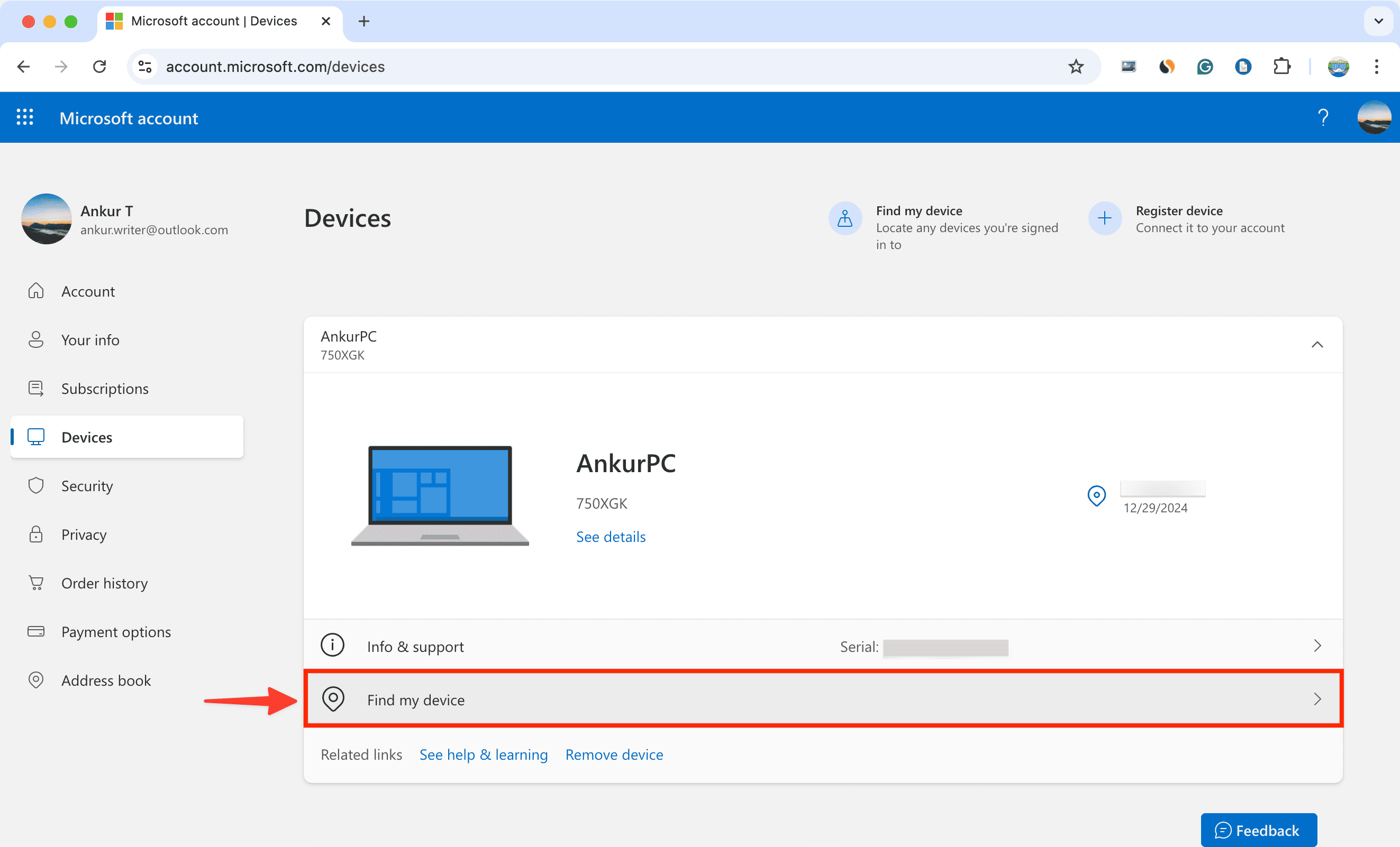 Klicken Sie im Webbrowser auf „Mein Gerät suchen“ auf der Microsoft-Kontoseite, um Ihren verlorenen Laptop zu finden