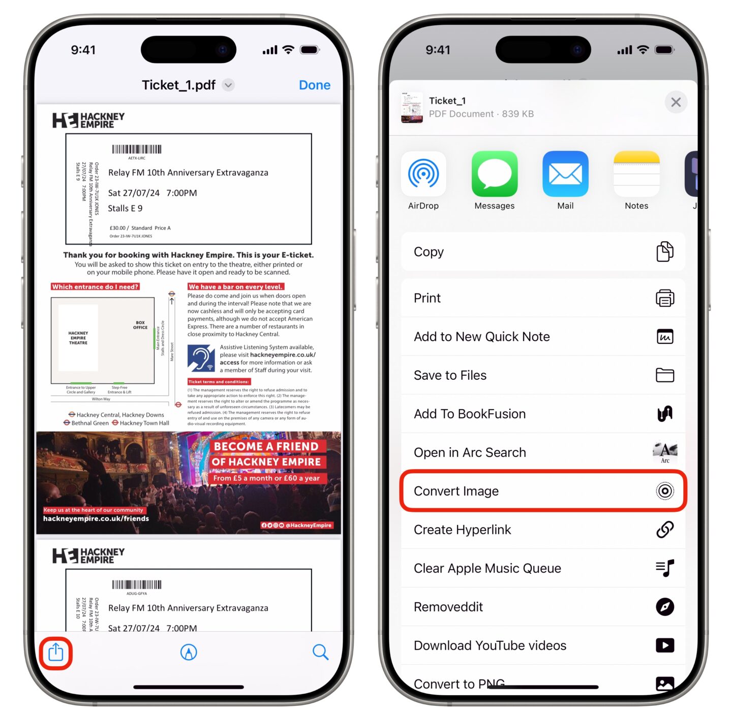 Konvertieren Sie PDF in JPG auf dem iPhone Screenshots zeigen die Konvertierung einer PDF-Datei in JPG auf dem iPhone über das Freigabeblatt.