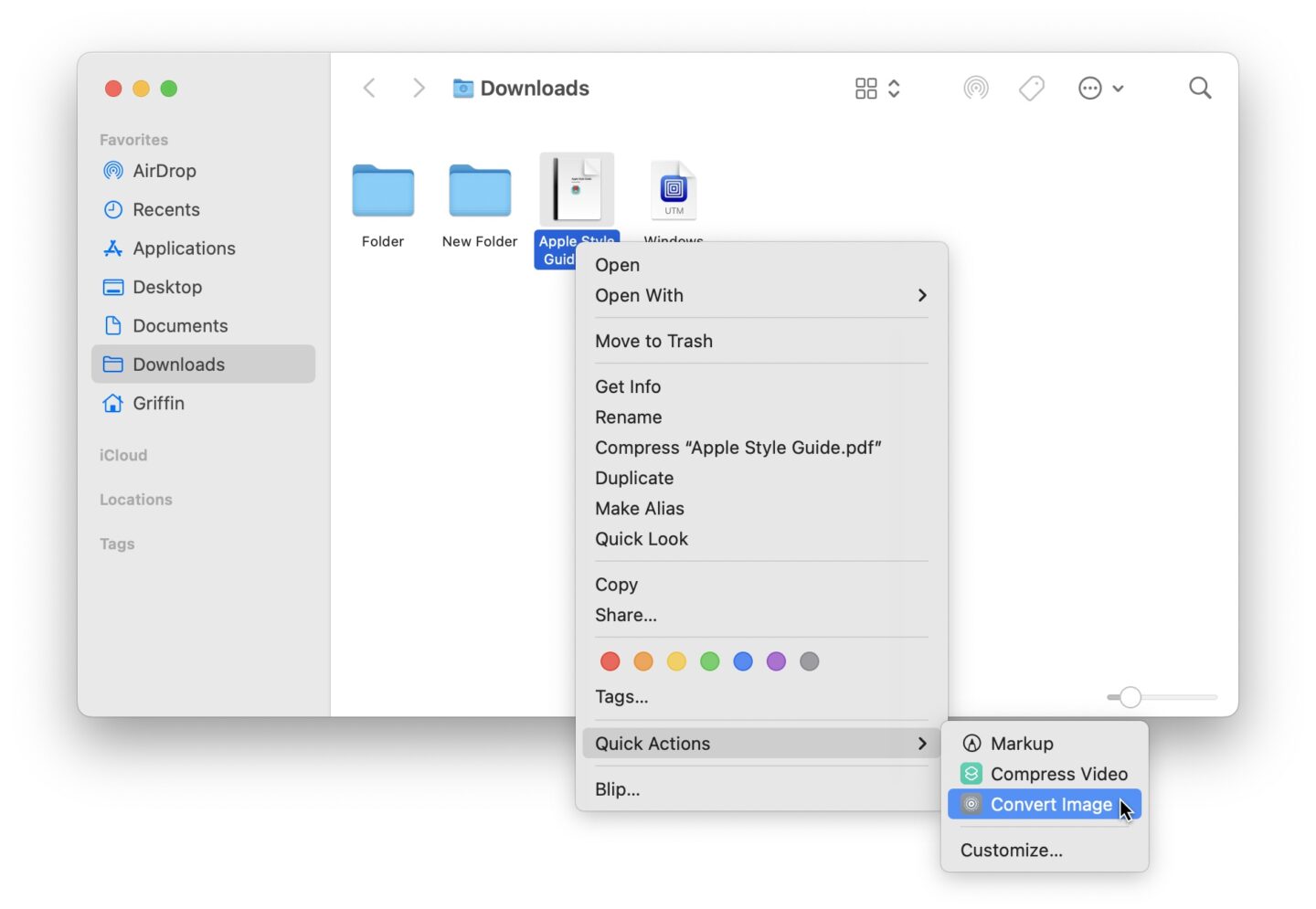 Screenshot Mac-Screenshots zeigen, wie man PDF auf einem Mac über das Schnellaktionsmenü in JPG konvertiert.