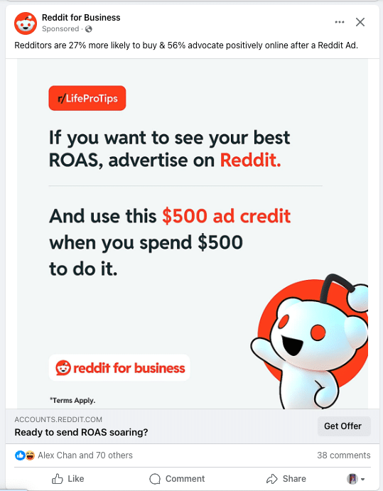 Bild in einer Reddit-Ankündigung, die einen Werbekredit von 500 $ anbietet. Das Bild und die Aktion (CTA) lauten Klartext und Regie: