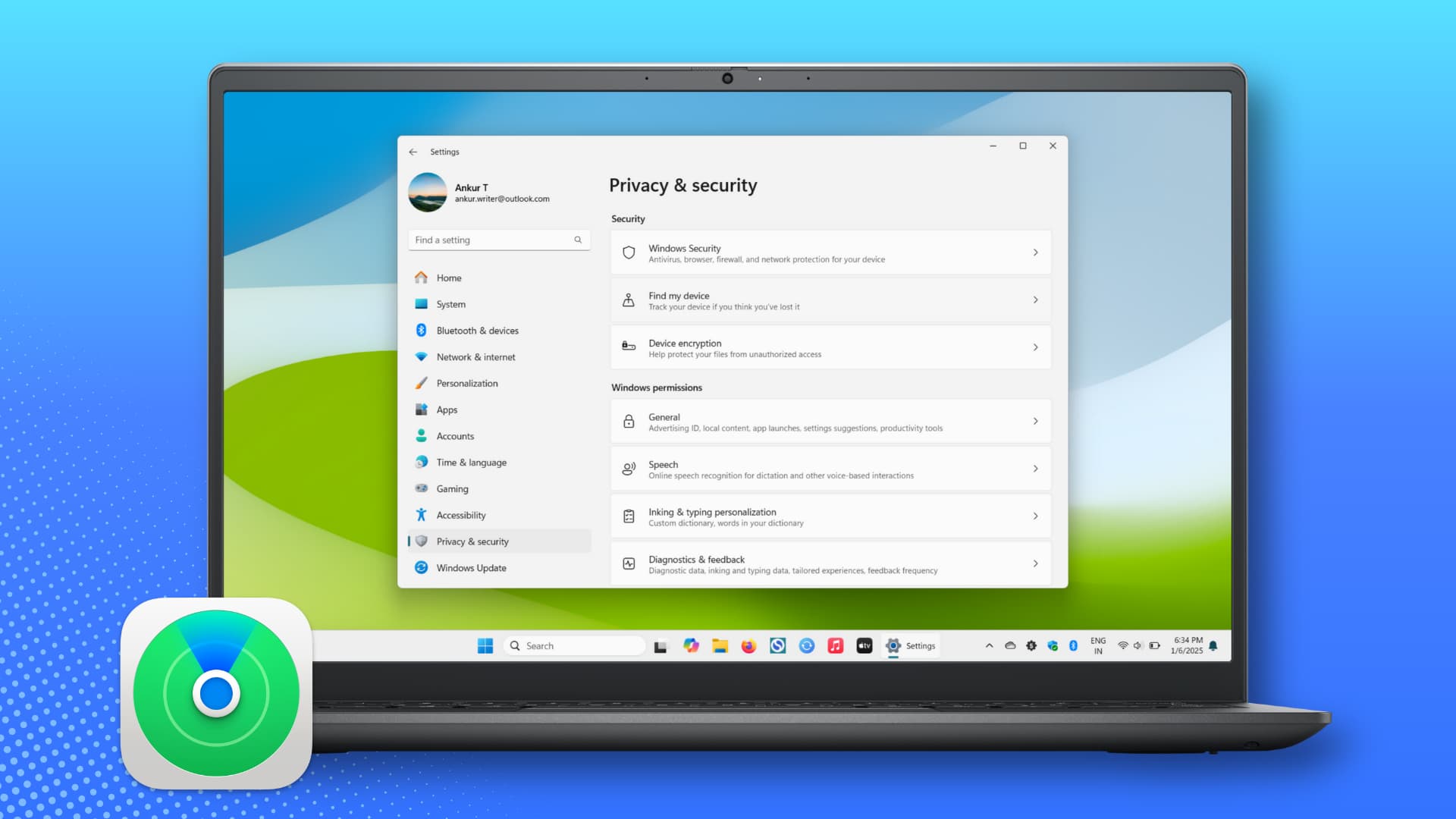 In den Windows-Einstellungen auf einem Laptop wird die Funktion „Mein Gerät suchen“ angezeigt