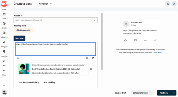 Erstellen Sie einen Beitrag auf Hootsuite und fügen Sie UTM-Parameter hinzu