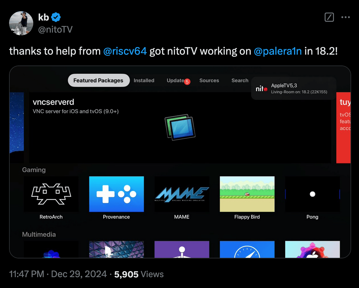 nitoTV wurde über den Palera1n-Jailbreak auf tvOS 18.2 getestet.