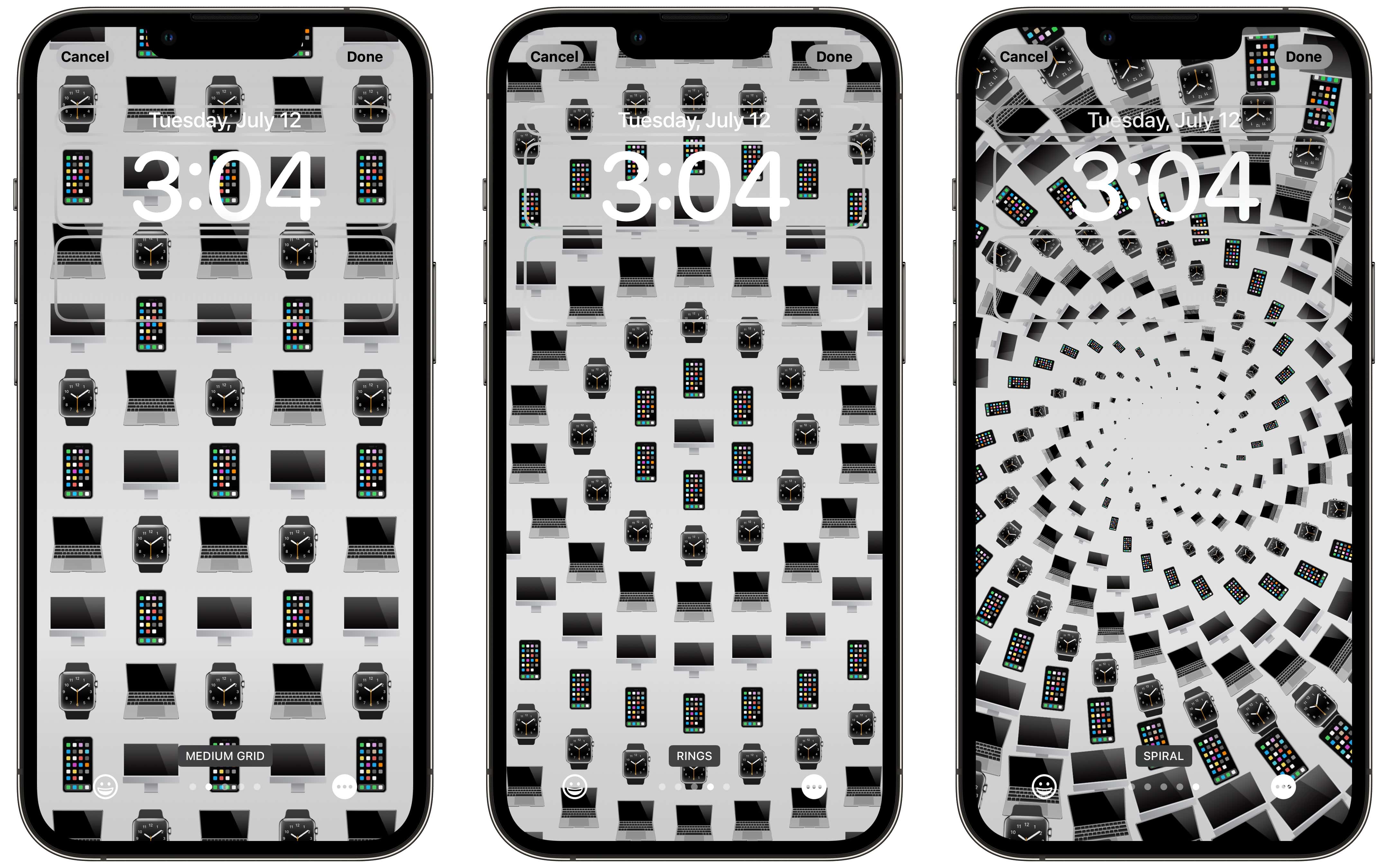 9 Emoji -Netze Emoji in drei Gittergrößen, Ringen und Spirale anordnen.
