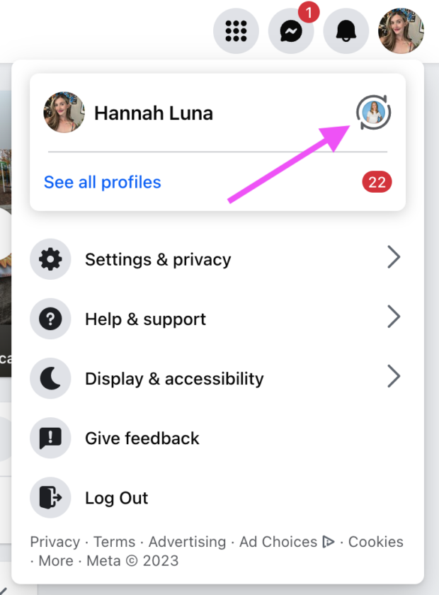 Arrow zeigt das Symbol der Facebook Business -Seite rechts neben der Profilseite Symbol in Facebook
