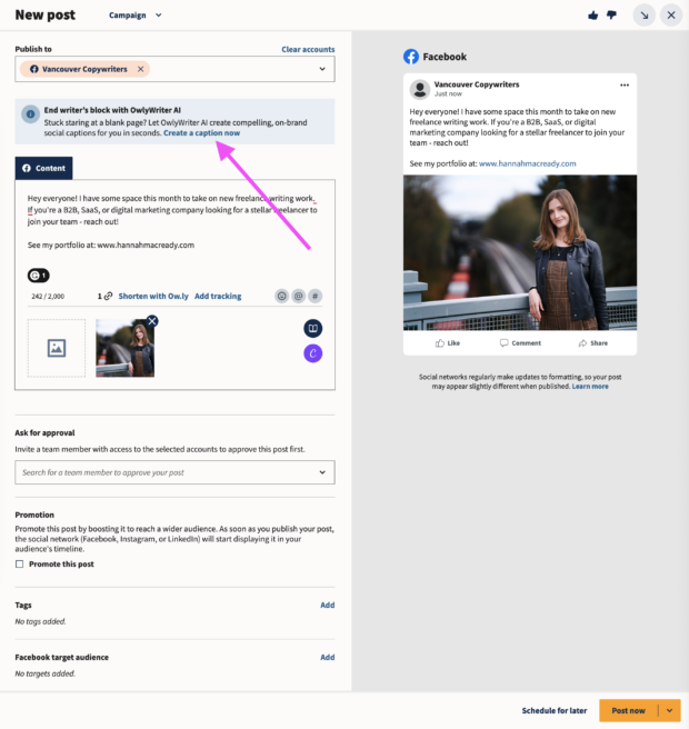 Entworfener Facebook -Beitrag in Hootsuite mit Pfeil, der darauf hinweist, dass sie die Benutzer bitten, eine Postkopie mit Owly Writer AI zu schreiben