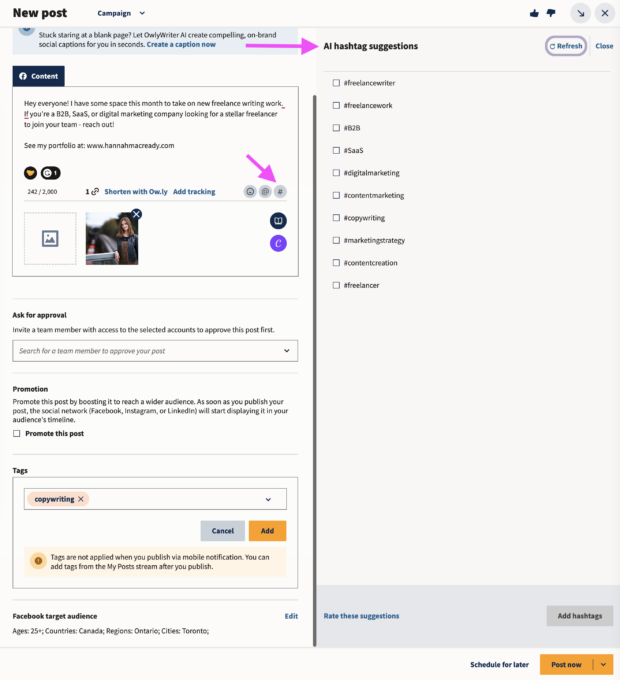 Box zeigt AI -Hashtag -Vorschläge im Hootsuite -Komponist mit Empfehlungen für #FreelanceWriter und #Freelancework