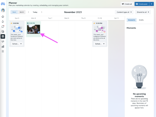 META Business Suite Planer Ansicht mit einem eingezogenen Beitrag