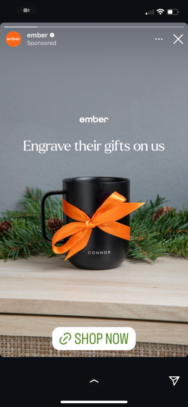 Ember Becher gravieren ihre Geschenke auf uns Instagram Story Anzeige