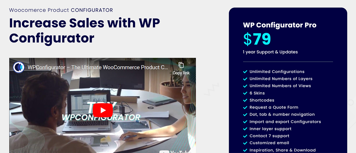 Eine Webseite, die WP Configurator Pro mit $ 79 zeigt. Zu den Funktionen gehören unbegrenzte Konfigurationen, Zahlenoptionen und Shortcode -Unterstützung. Ein Video ist sichtbar und die Produktziele erhöhten den Umsatz mit WooCommerce.