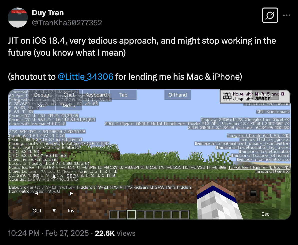 Duy Tran teilt einen Screenshot von Minecraft mit JIT im iOS -Debugger in iOS 18.4 Entwickler Beta 1.
