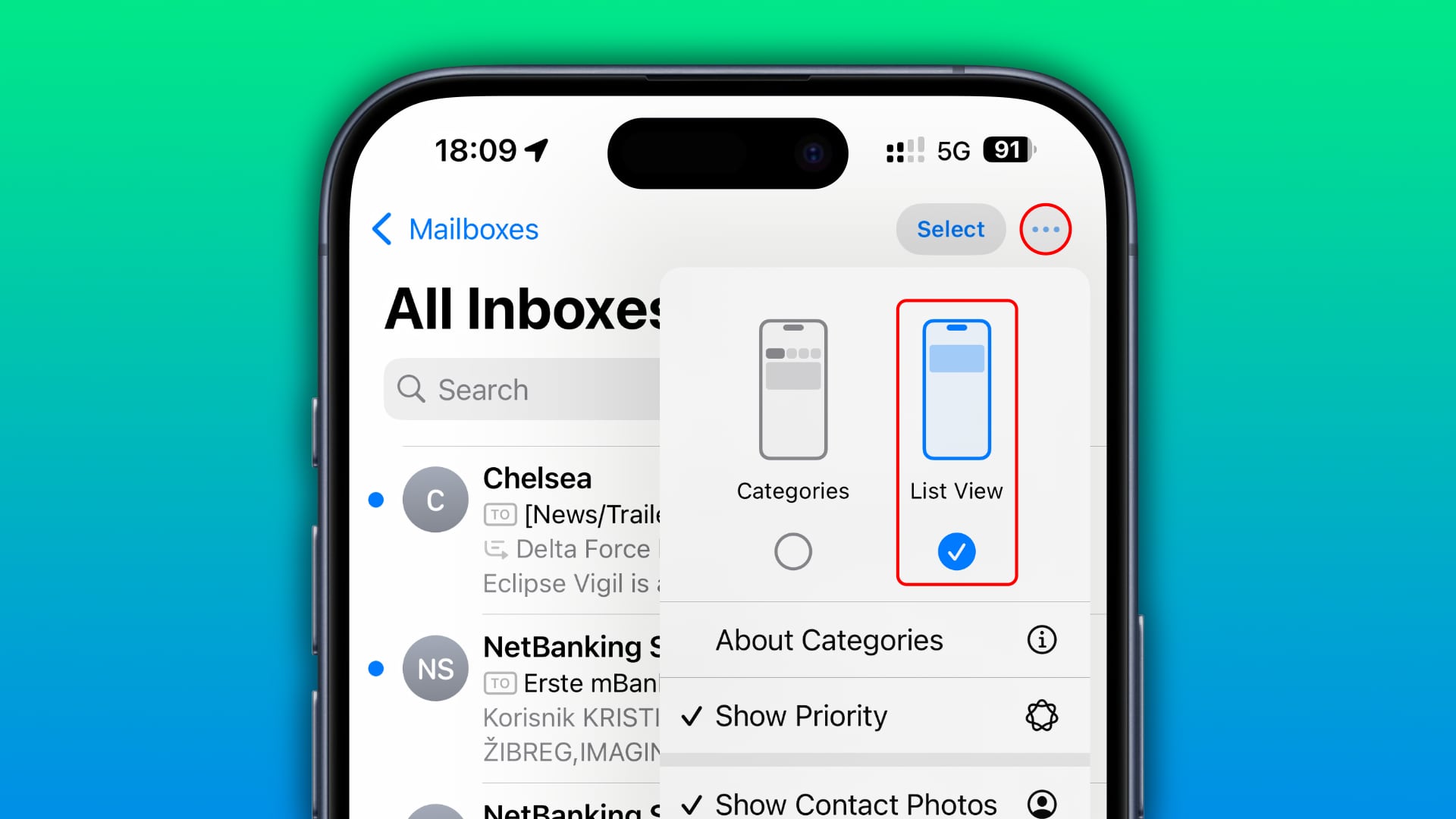 Apple Mail auf dem iPhone mit der Option Listenansicht, die im mehr Menü ausgewählt wurde.