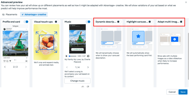 Facebook Meta Ads Manager erweiterte Vorschau -Placements