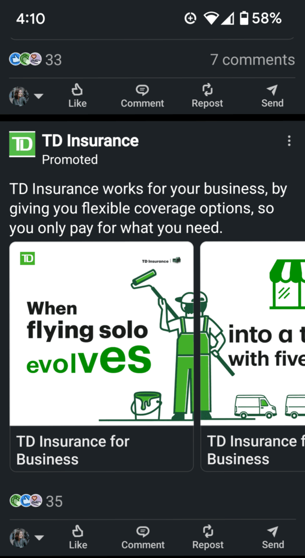 TD Insurance Anzeige eine Grafik auf zwei Karten, um das Wischen zu fördern