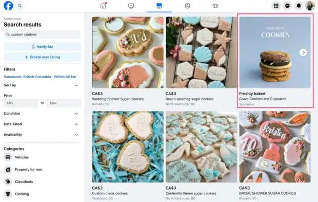 Facebook Marketplace gesponserte Anzeige frisch gebackene Kekse