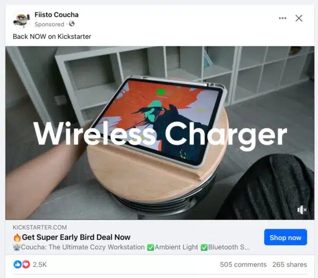 Drahtloses Ladegerät Facebook -Werbe Shop jetzt Button Button
