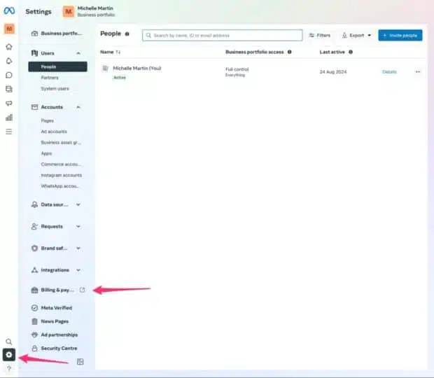 Meta -Anzeigen -Manager -Einstellungen für Abrechnungen und Zahlungen