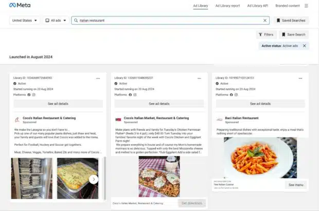 Facebook -Anzeigenbibliothek Italienische Restaurantsuche
